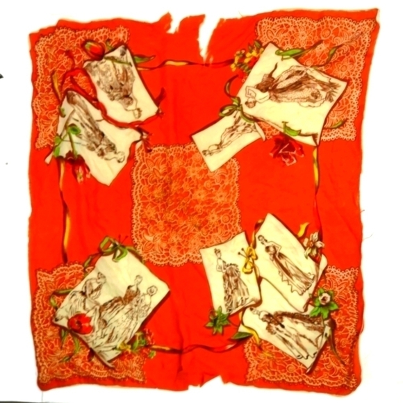 𝅺VTG 20s Antique ORANGE Ladies print scarf -- as is with flaws & torn - Picture 4 of 12